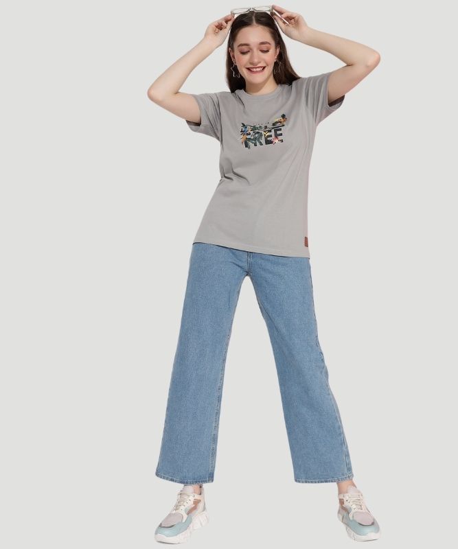 Women's Grey Graphic Print Half Sleeves Regular Fit T-Shirt
